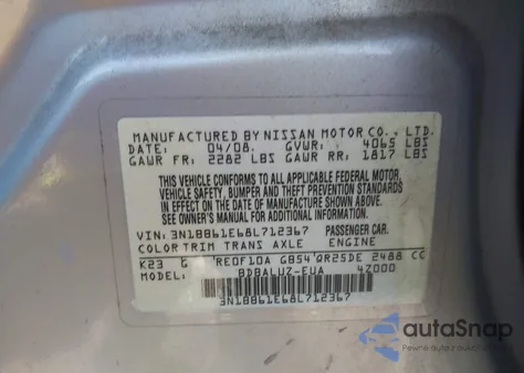 2008 Nissan Sentra Se-R z USA, uszkodzony, nr VIN 3N1BB61E68L712367